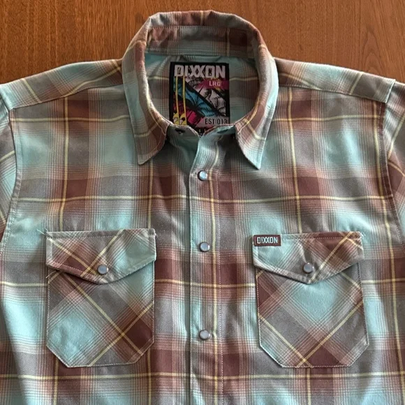 DIXXON *13th Street* button-up teal & brown long-sleeve plaid front pocket shirt - Picture 6 of 12